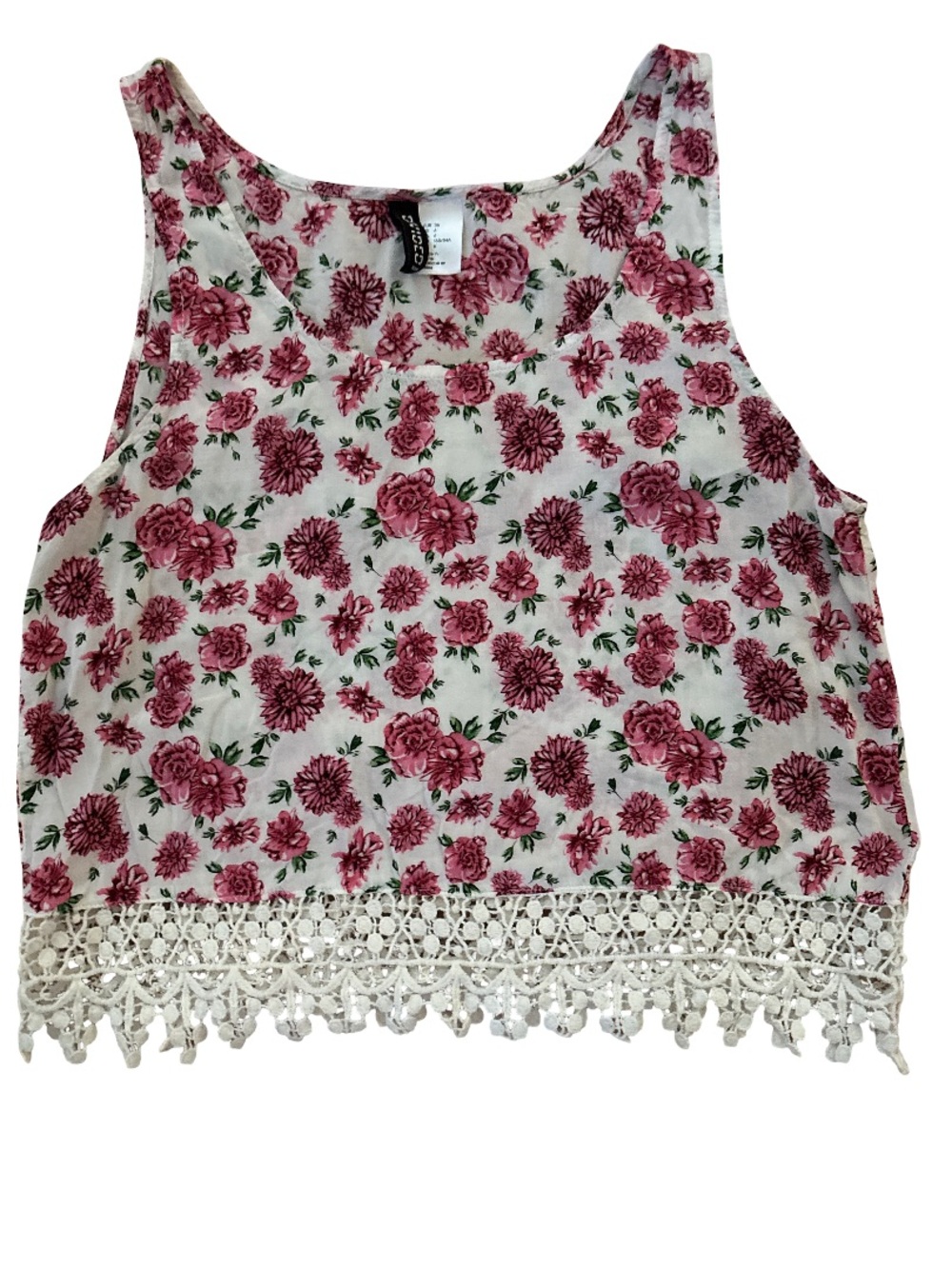 Divided White Tank Top with Pink Floral Print and Crochet Hem